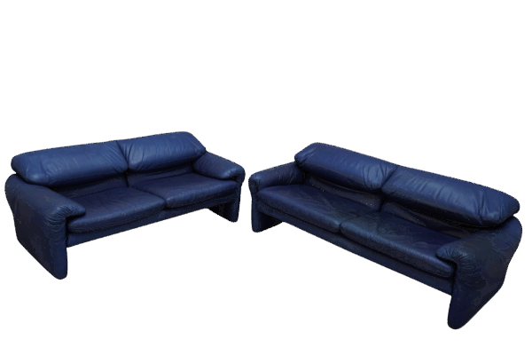 Set de Canapés Maralunga en cuir bleu, Vico Magistretti pour Cassina
