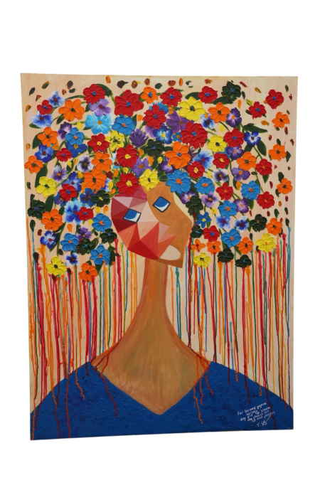 Peinture contemporaine colorée représentant le buste stylisé d'une femme sur une toile